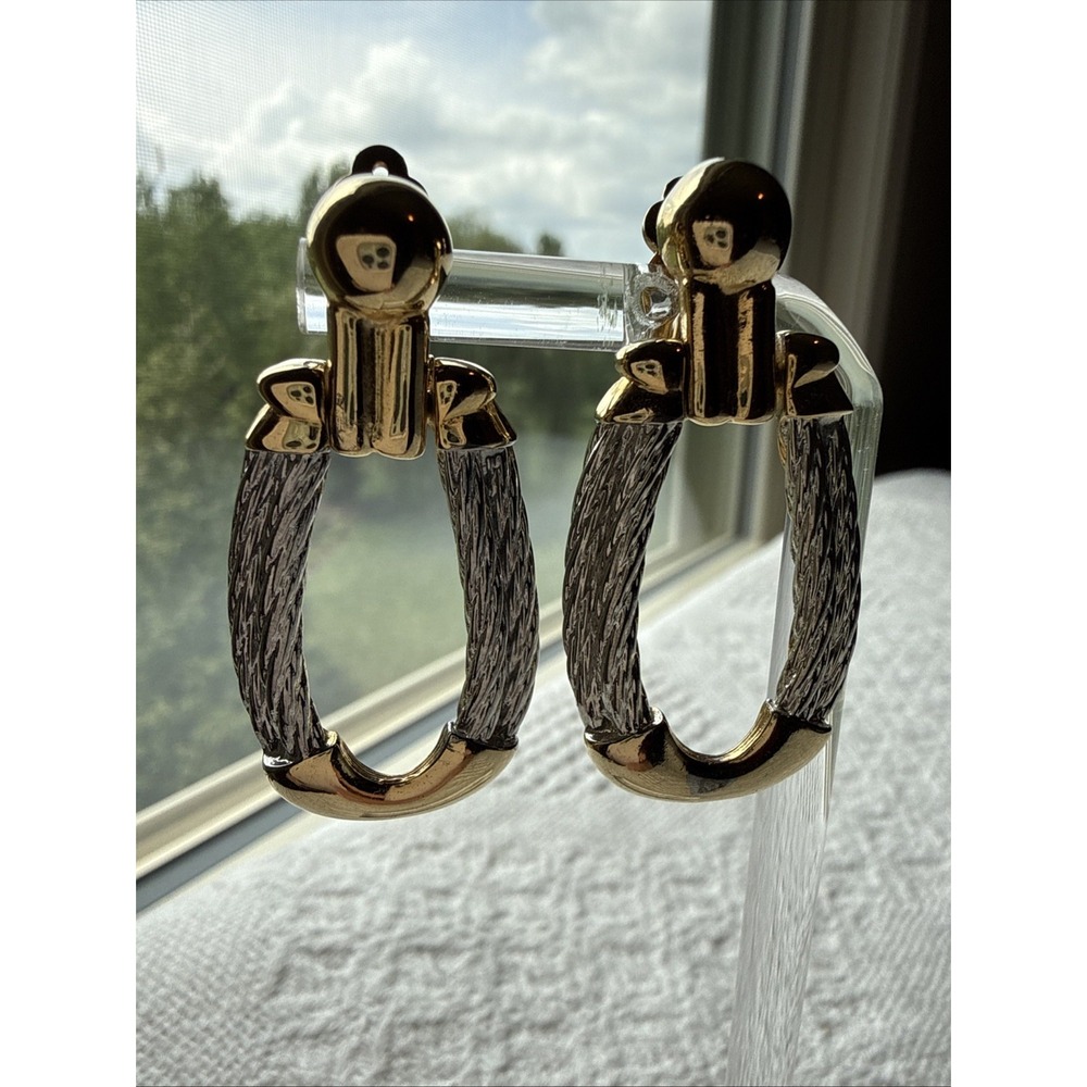 Vintage Two Tone Clip On Earrings Twisted Cable Door Knocker Office Old Money